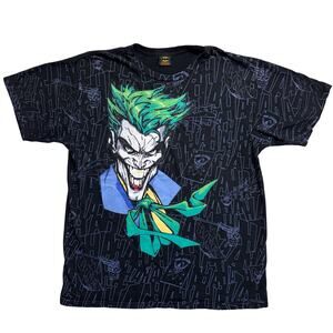 Vintage Batman Joker T Shirt XL Black Big Face All Over Print DC Comic Villain